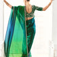 Peacock-Inspired Green &amp; Blue Tissue Silk Organza Saree with Embroidered Blouse