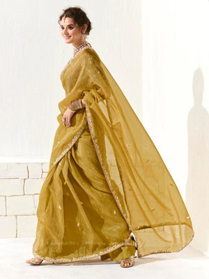 Mustard Tissue Silk Saree with Sequin Embellishments & Purple Embroidered Blouse