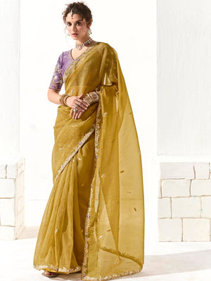Mustard Tissue Silk Saree with Sequin Embellishments & Purple Embroidered Blouse