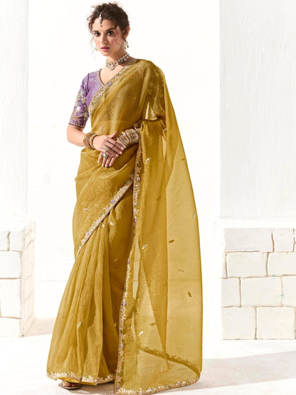Mustard Tissue Silk Saree with Sequin Embellishments & Purple Embroidered Blouse
