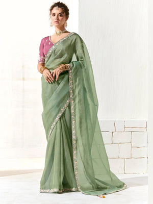 Mint Green Shimmer Saree with Ornate Mauve Purple Embroidered Blouse