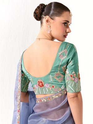 Premium Blue Organza Saree with Embroidered Green Blouse