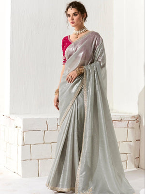 Elegant Grey Silk Organza Saree with Red Blouse – Inspired by Shadows & Fire