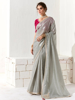 Elegant Grey Silk Organza Saree with Red Blouse – Inspired by Shadows & Fire