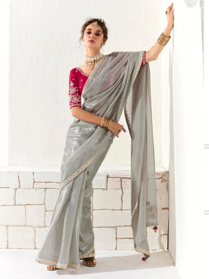 Elegant Grey Silk Organza Saree with Red Blouse – Inspired by Shadows & Fire
