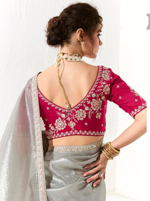 Elegant Grey Silk Organza Saree with Red Blouse – Inspired by Shadows & Fire