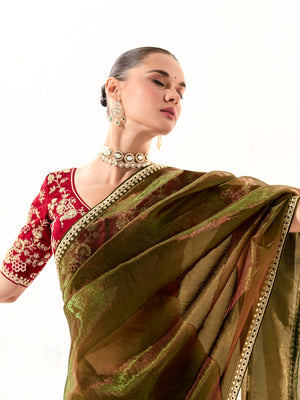 Mahendi green Tissue Silk Saree with Red Blouse