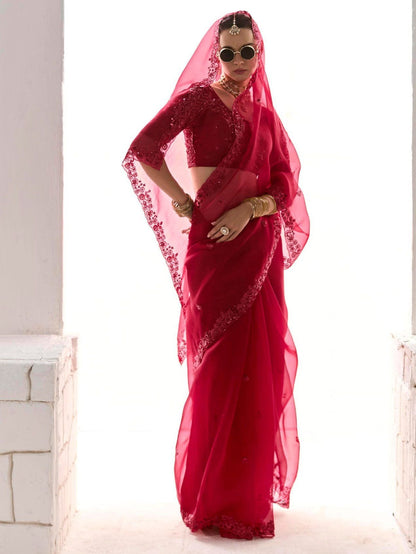Red Silk Saree with Matching Blouse