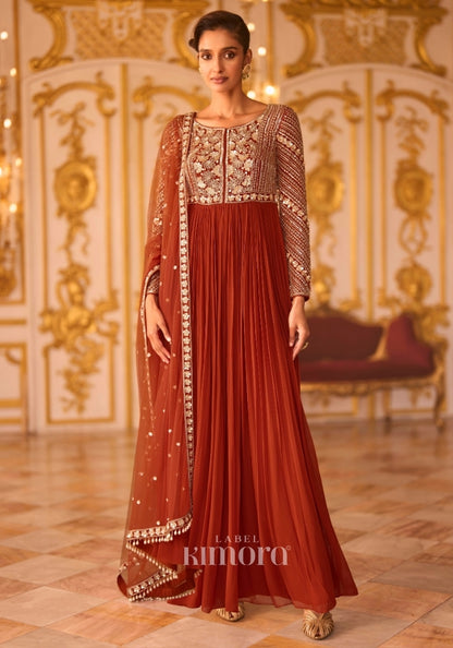 Aurelia Georgette Embroidered Anarkali Gown in Rust Red