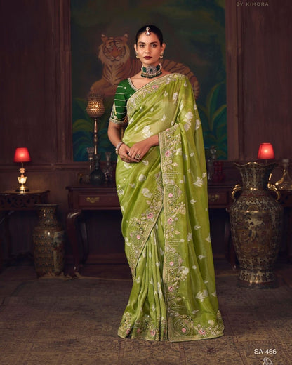 Olive Green Silk Saree with Hand Embroidery