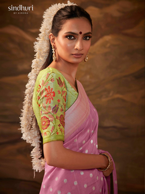 Light Pink Banarasi Silk Saree with Colorful Floral Weaving