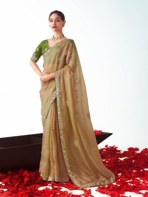 Olive Green Organza Silk Saree