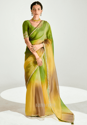 Satrangi Leaf Tissue Silk Saree In Green And Yellow