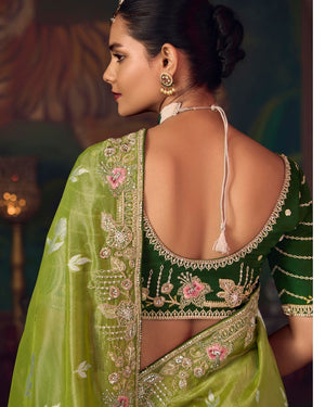 Olive Green Silk Saree with Hand Embroidery