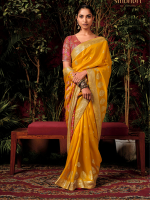 Yellow Designer Silk Saree with Red Zari Weaving