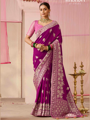 Wine Weaving Silk Saree with Pastel Pink Blouse