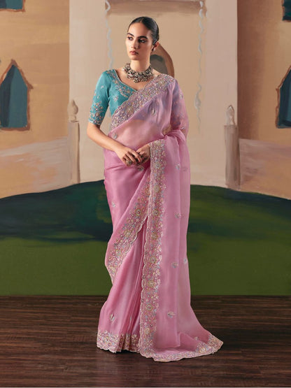 Pink Fancy Fabric Saree with Thread & Sequin Work and Teal Blouse