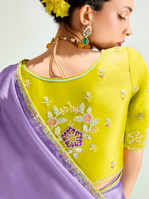 Heer Vasant Organza Tissue Saree In Yellow And Lilac