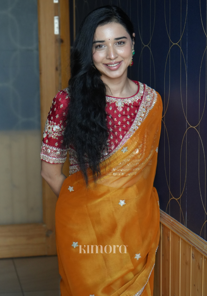 Marigold Tissue Silk Saree Yellow With Stitched Blouse