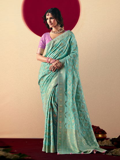 Sea Green Weaving Banarasi Saree with Lavender Blouse