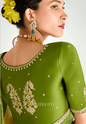 Satrangi Leaf Tissue Silk Saree In Green And Yellow