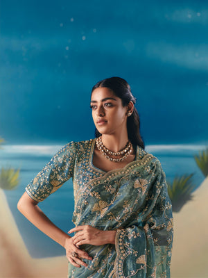 Teal Blue Organza Tissue Silk Hand Embroidered Bridal Saree