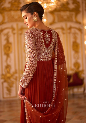 Aurelia Georgette Embroidered Anarkali Gown in Rust Red