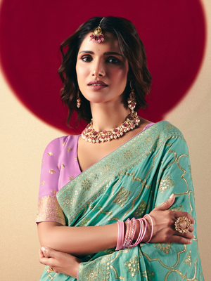 Sea Green Weaving Banarasi Saree with Lavender Blouse