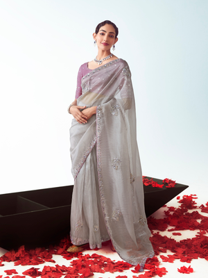 Grey Silk Saree with Zari & Sequins Work and Purple Silk Blouse