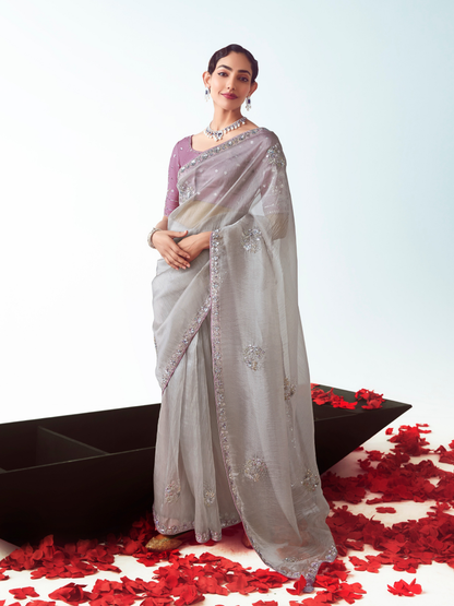 Grey Silk Saree with Zari & Sequins Work and Purple Silk Blouse