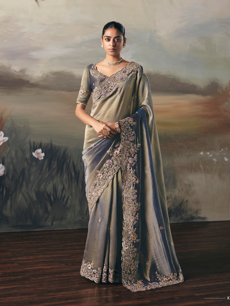 Pencil Grey Shimmer Tissue Saree with Resham Embroidery, Scallop Border, Sequins, Pearls and Mirror Work, Elegant Reception and Wedding Wear