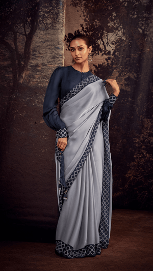 MOONLIT GRACE – SOLID GRAY SILK SAREE - Kimora.in