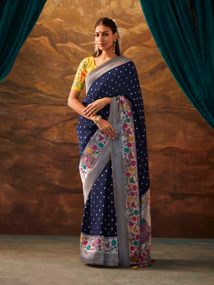 Navy Blue Banarasi Silk Saree with Silver Zari