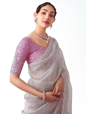 Grey Silk Saree with Zari & Sequins Work and Purple Silk Blouse