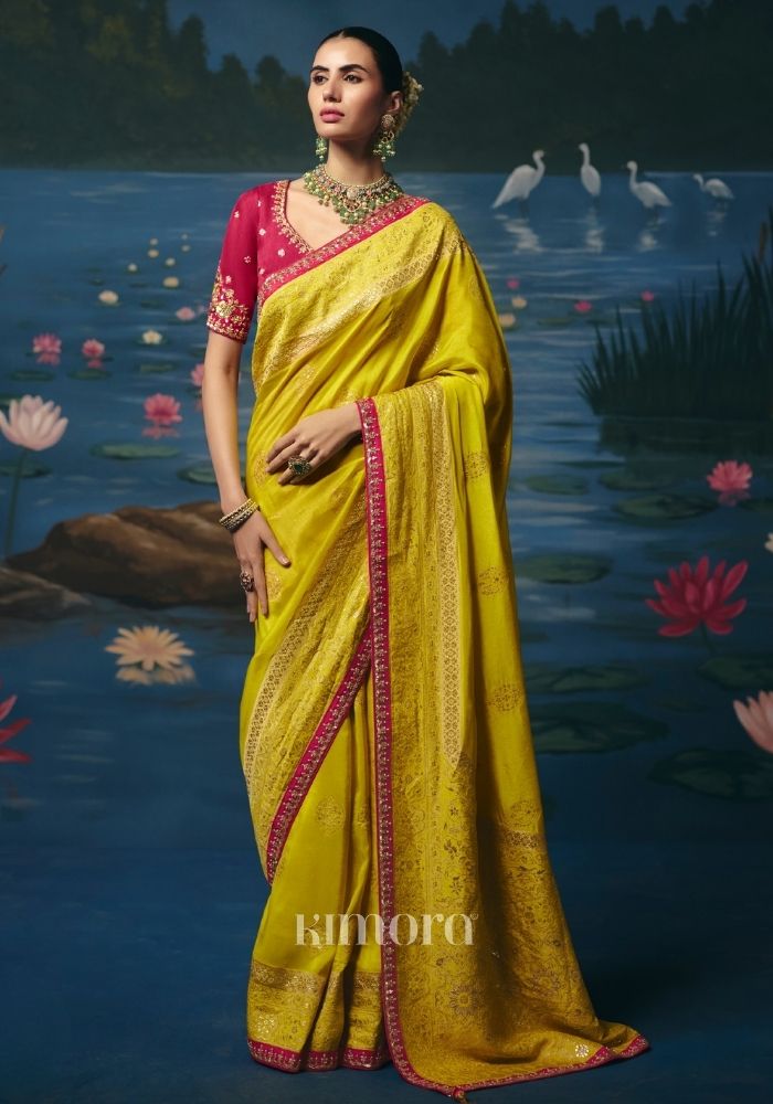 Anvika Weaving Handcrafted Saree In Mustard Yellow And Rani Pink
