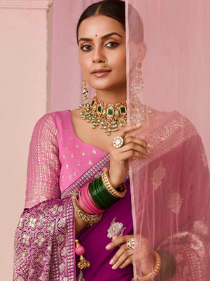 Wine Weaving Silk Saree with Pastel Pink Blouse