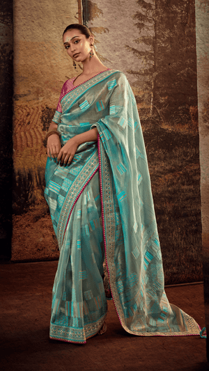 ROYAL RADIANCE – BLUE JACQUARD SILK SAREE WITH RICH RED BORDER - Kimora.in
