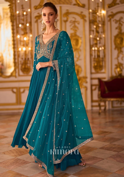 Zehra Georgette zari sequin detailing Ethnic Suit in Teal Blue