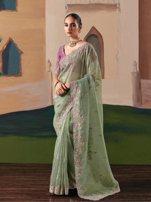 Light Green Fancy Fabric Saree with Thread & Sequin Work and Purple Blouse