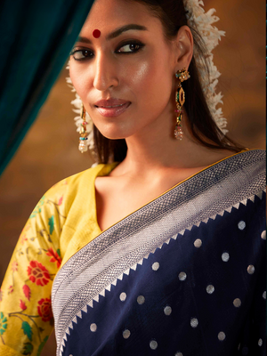 Navy Blue Banarasi Silk Saree with Silver Zari