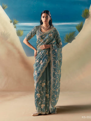 Teal Blue Organza Tissue Silk Hand Embroidered Bridal Saree