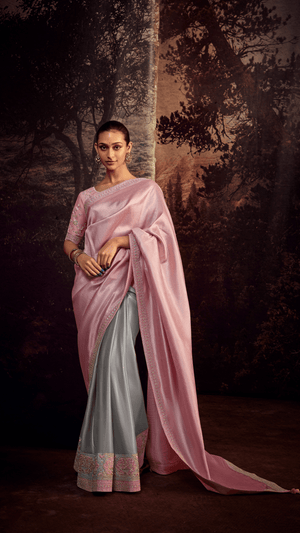 TWILIGHT ELEGANCE – PINK & GRAY KANJIVARAM SILK SAREE - Kimora.in