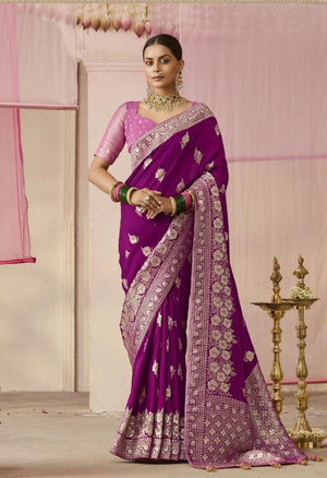 Purple Dola Silk Saree with Pink Golden Embroidered Blouse