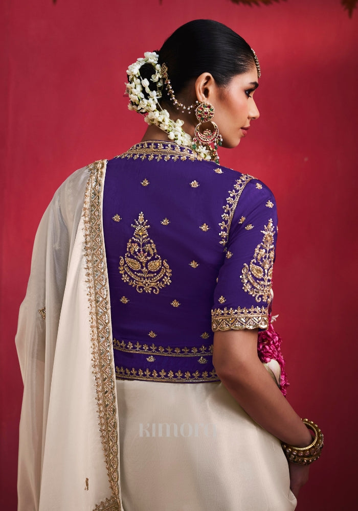 Naqsh Ivory Natural Silk Saree with Blue Corset-Style Blouse