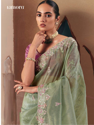 Light Green Fancy Fabric Saree with Thread & Sequin Work and Purple Blouse