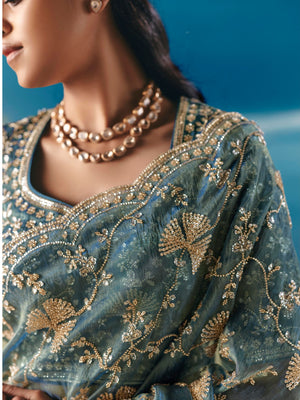 Jyoti Tissue Silk HandEmbroidered Saree In Teal Blue