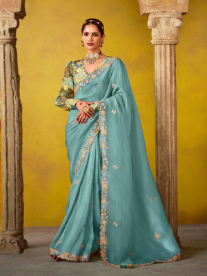 Tissue Silk Saree with Embroidered Border and Floral Blouse
