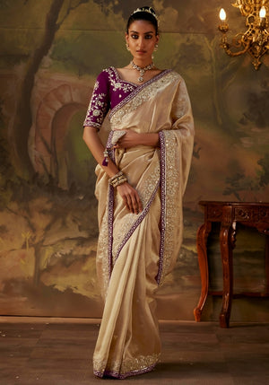 Majestic Shimmer Bead Work Saree in Gold
