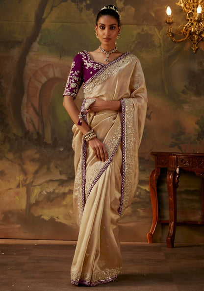 Majestic Shimmer Bead Work Saree in Gold