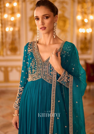 Zehra Georgette zari sequin detailing Ethnic Suit in Teal Blue